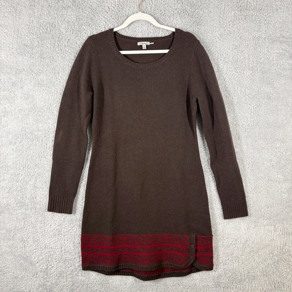 Toad&Co Aleutia Lambswool Fair‎ Isle SweaterDress Size L Brown Red Round Neck
